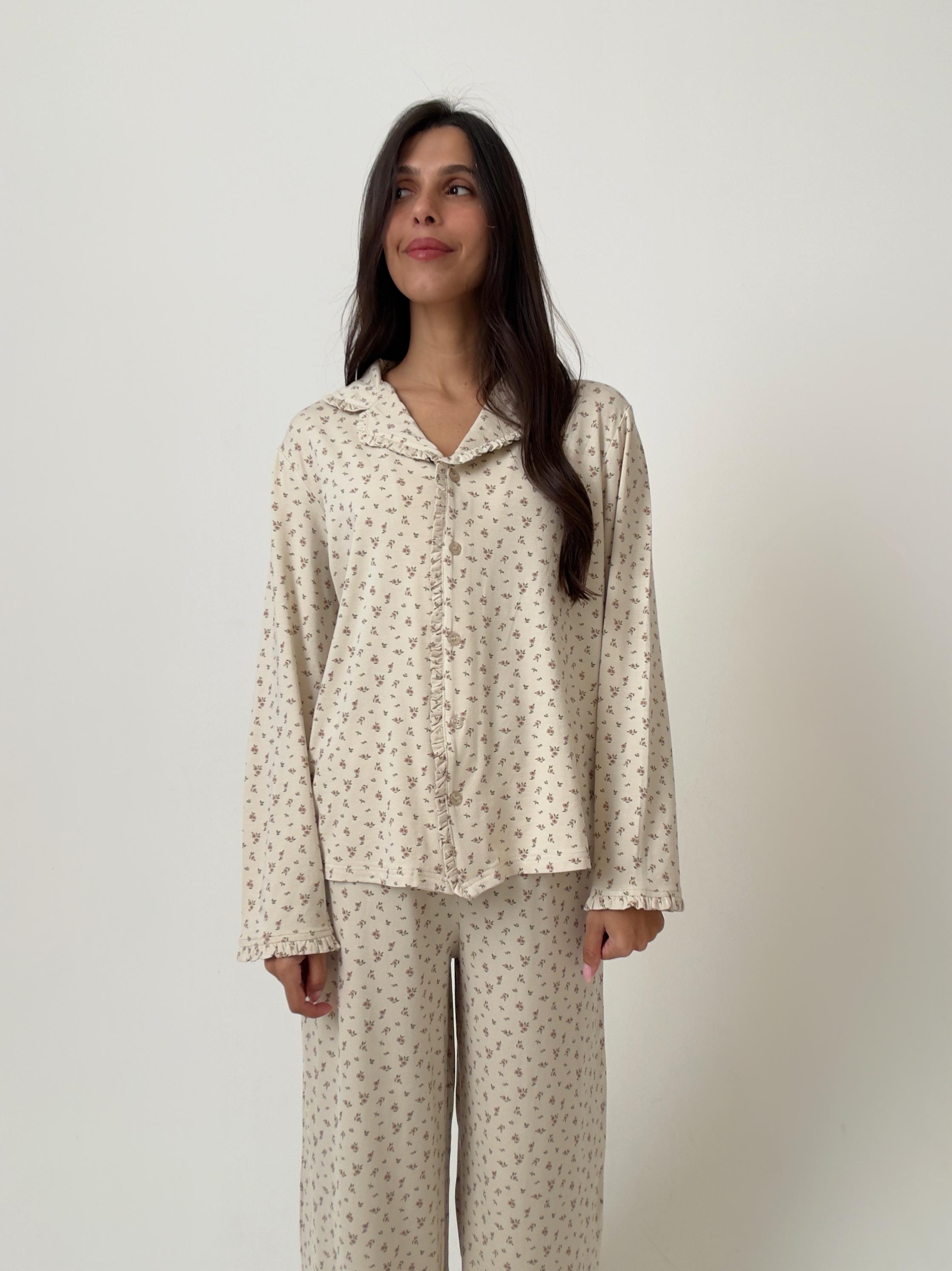 פיג׳מת אלנה מסגרת מלמלות פרינט פרחים שמנת