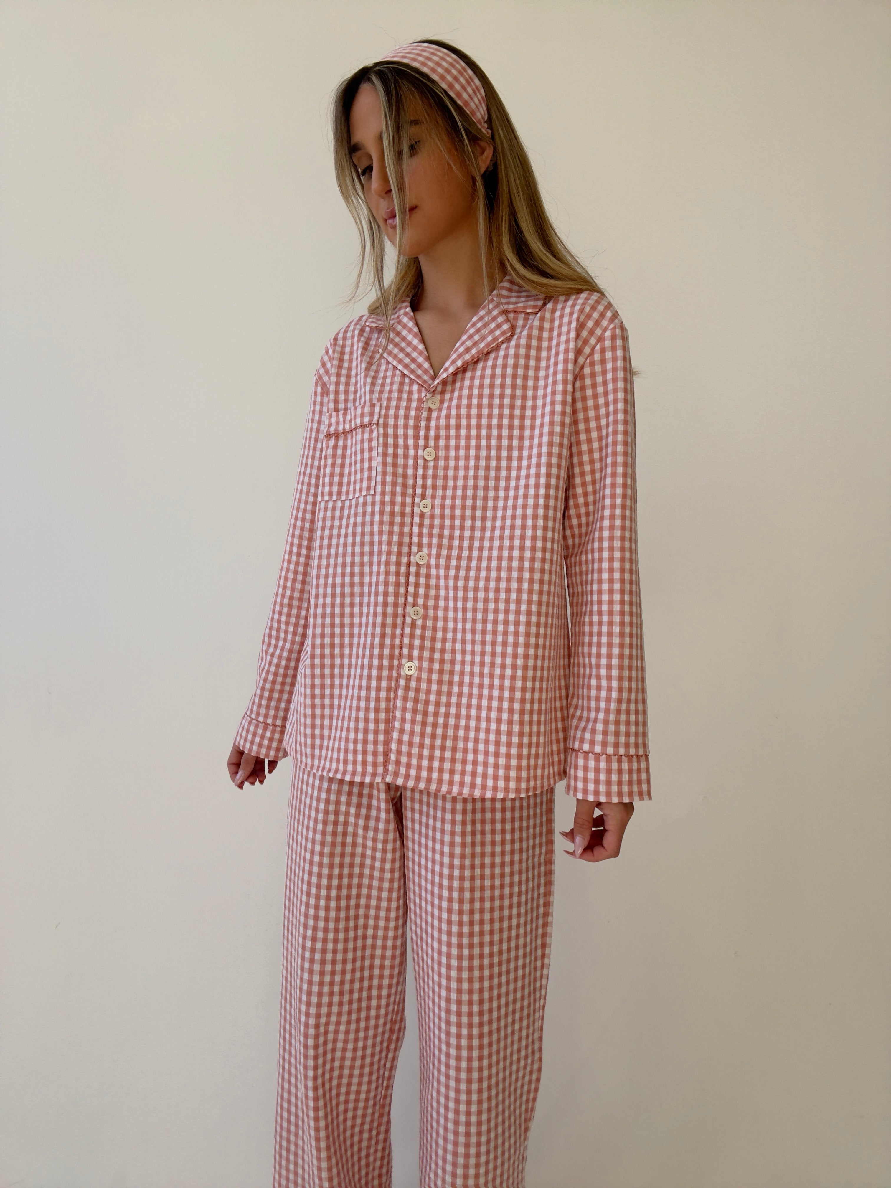 Yves long Matte Pink Checked Cotton Pajamas