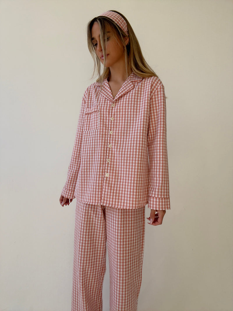 Yves long Matte Pink Checked Cotton Pajamas