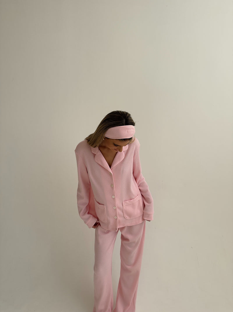 Kelly long Matte Pink Waffle Cotton Pajamas