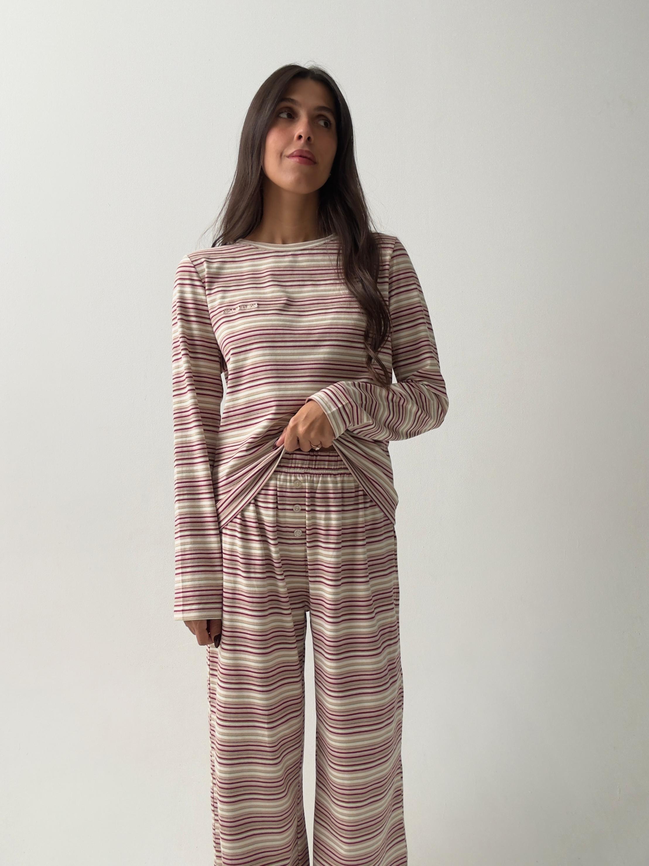 פיג׳מת ג׳סי כותנה פסים בורדו רקמת לוגו