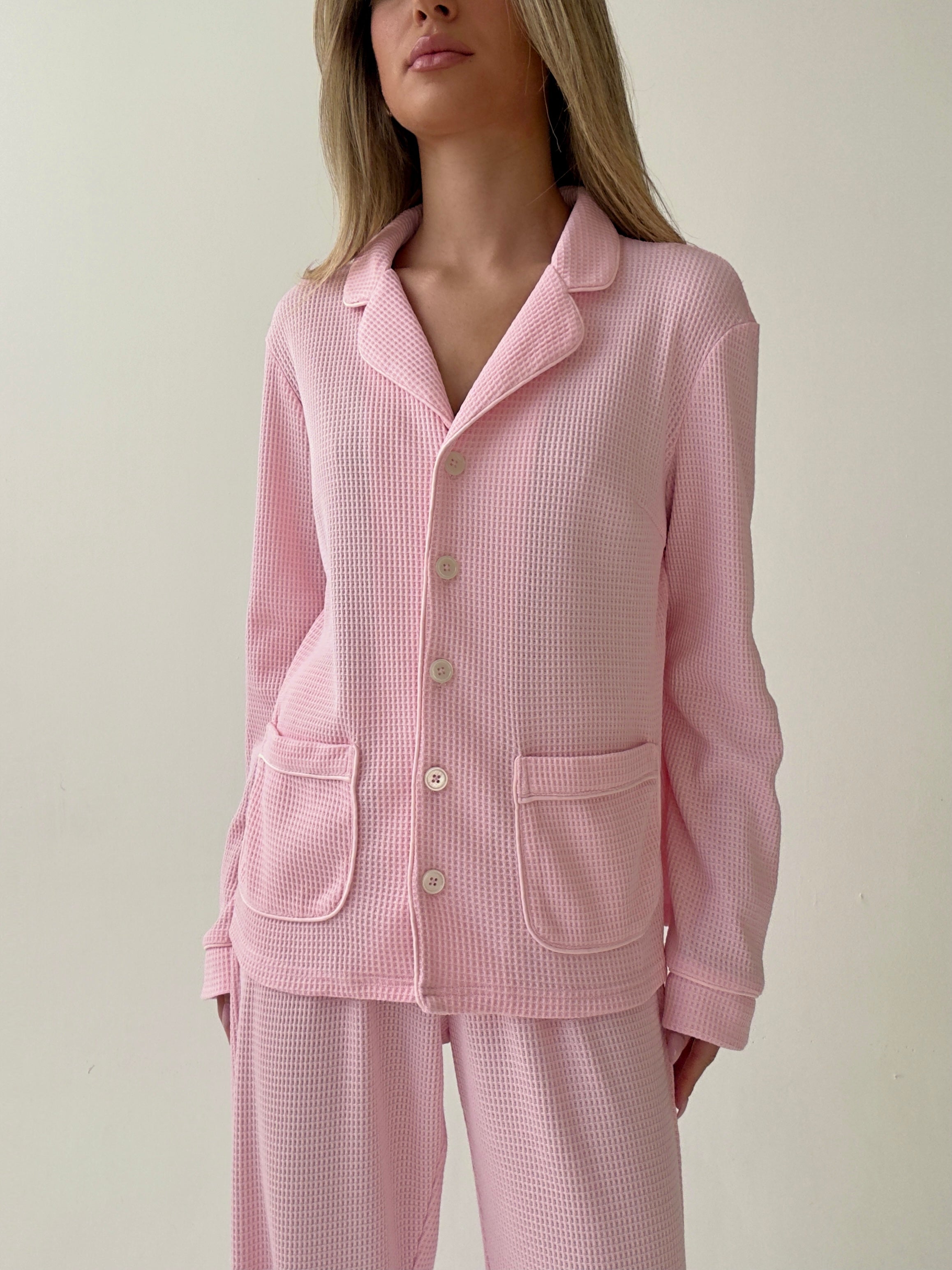 Kelly long Matte Pink Waffle Cotton Pajamas