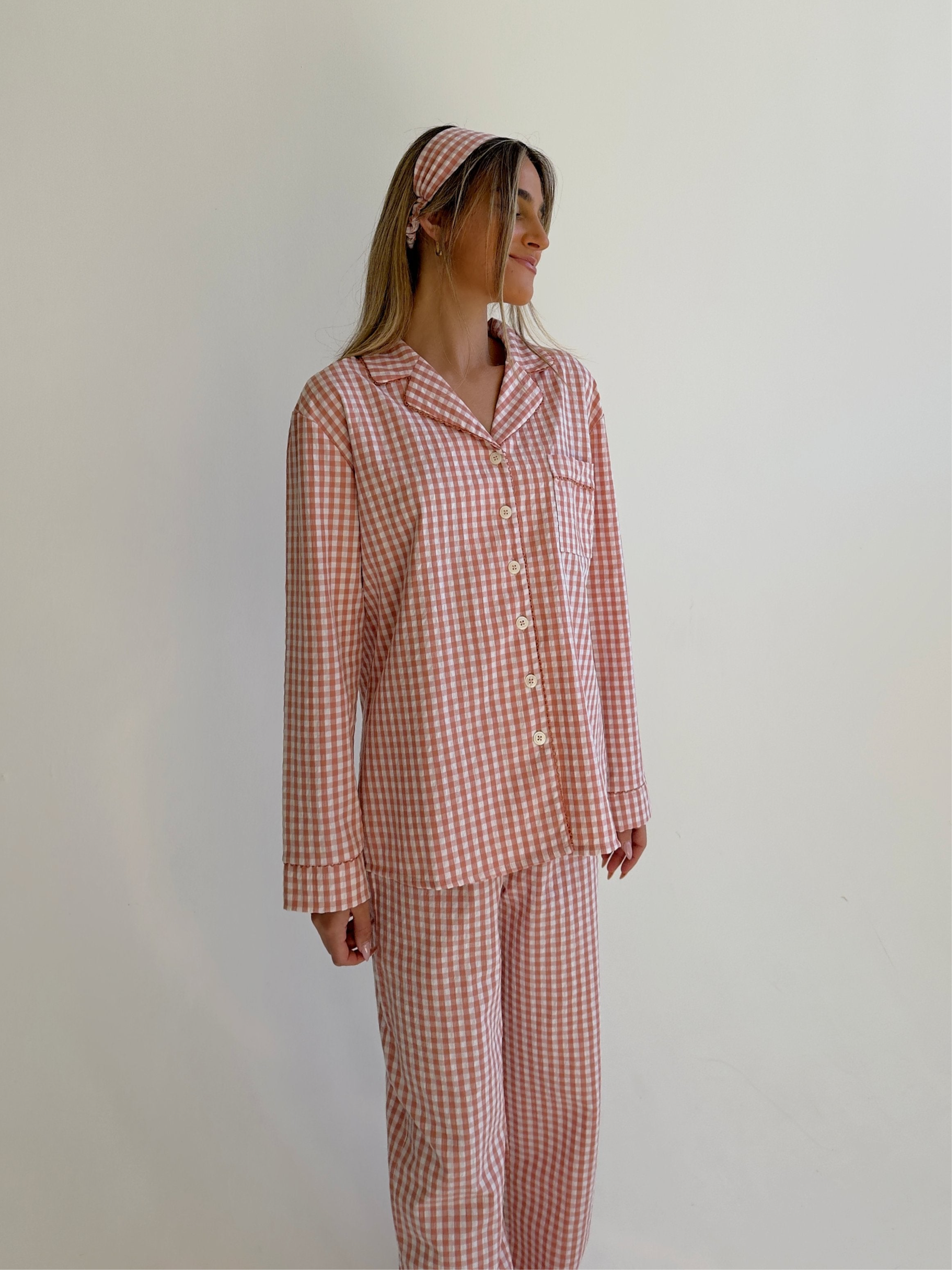 Yves long Matte Pink Checked Cotton Pajamas