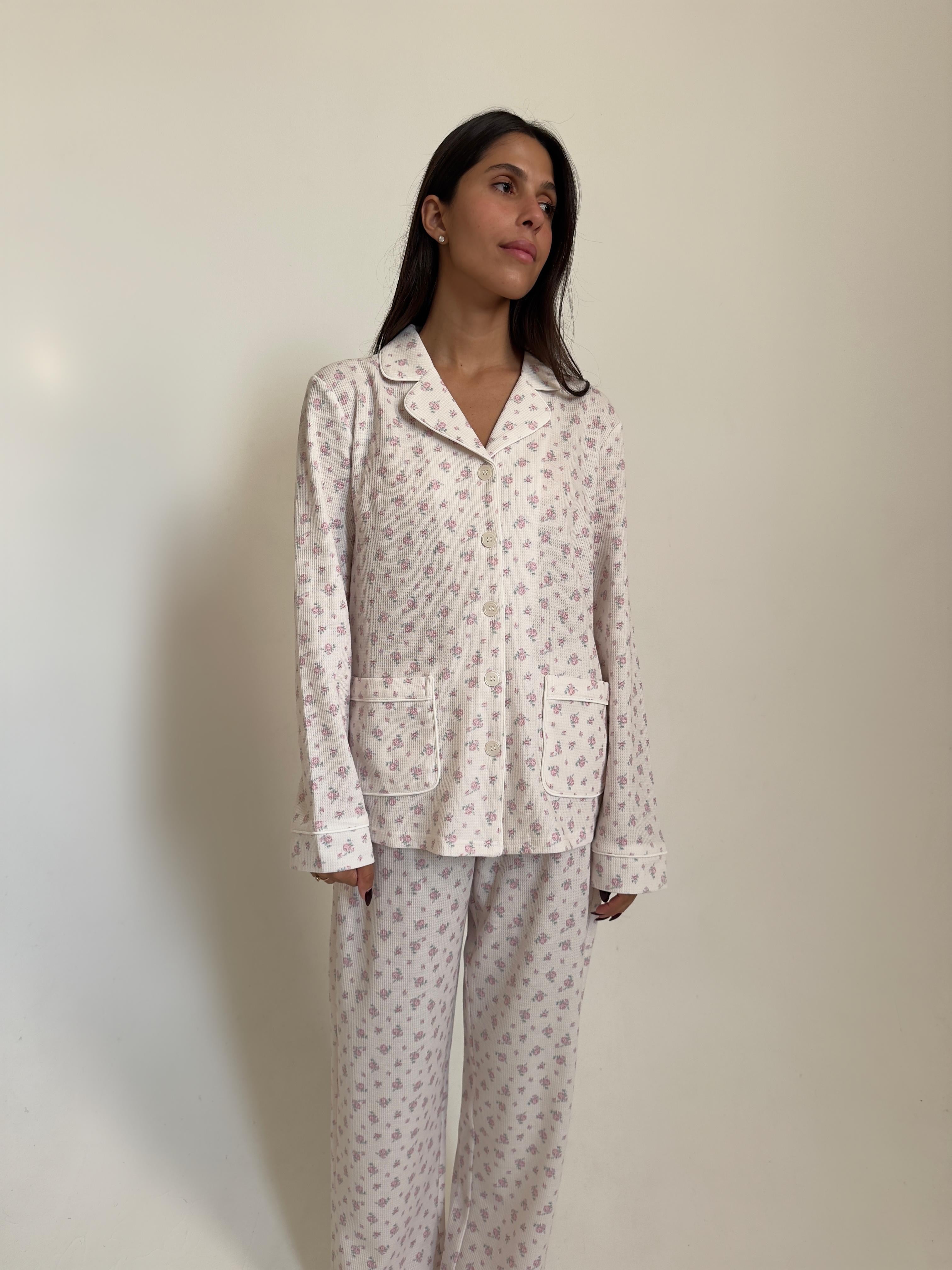 פיג׳מת קלי וואפל דק פרחוני אפרסק