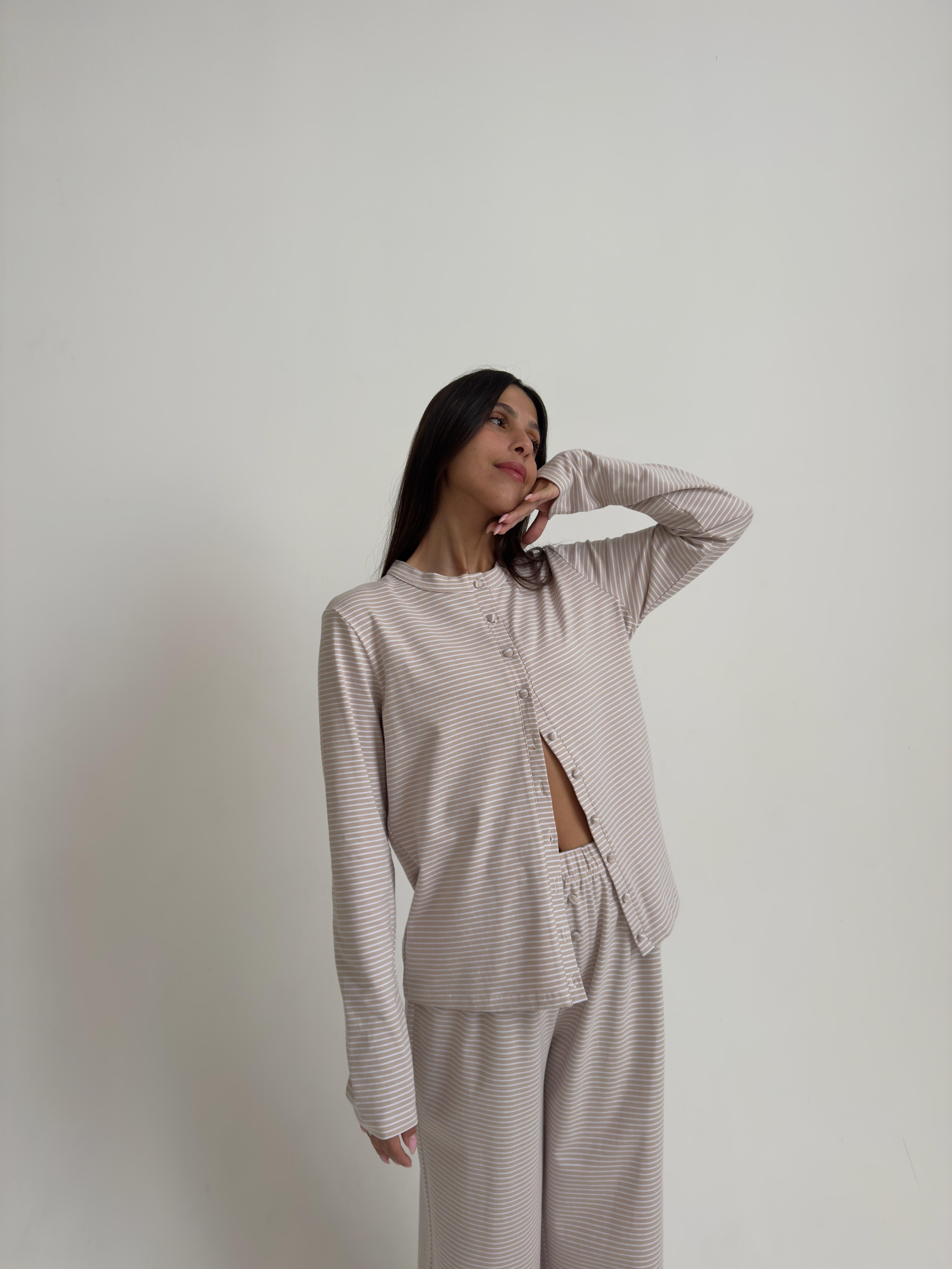 פיג׳מת נינה פסים אבן בד כותנה