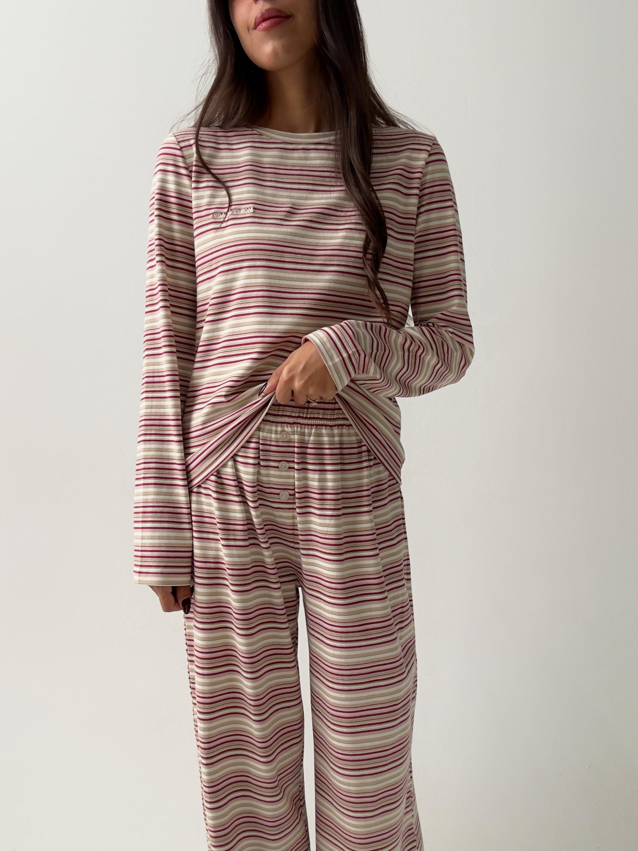 פיג׳מת ג׳סי כותנה פסים בורדו רקמת לוגו