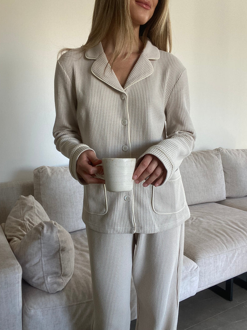 Kelly long Matte Stone Waffle Cotton Pajamas