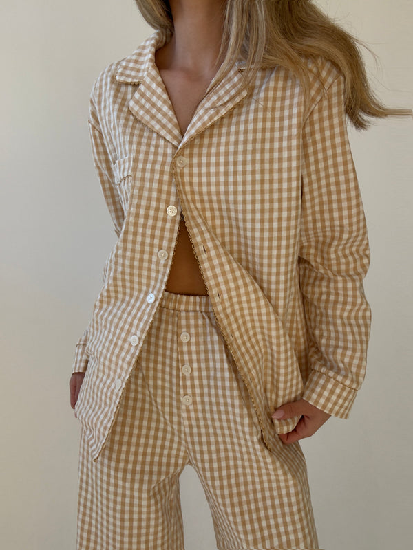 Yves long Matte Camel Checked Cotton Pajamas