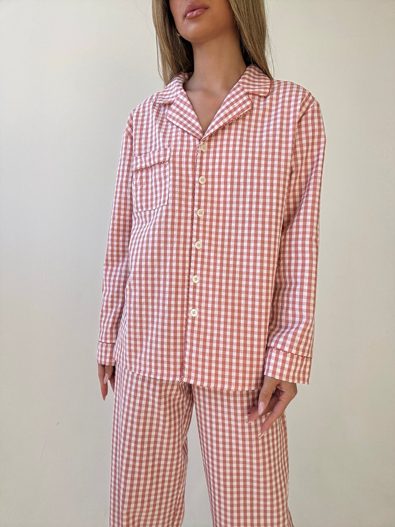 Yves long Matte Pink Checked Cotton Pajamas