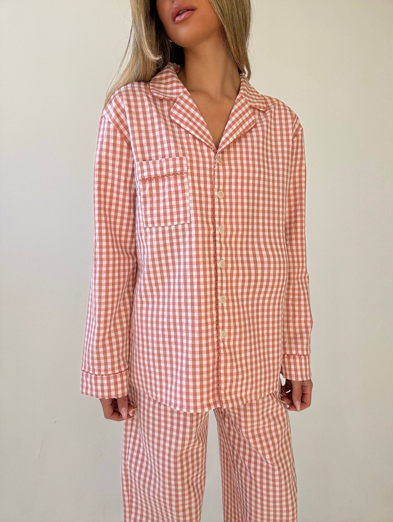 Yves long Matte Pink Checked Cotton Pajamas