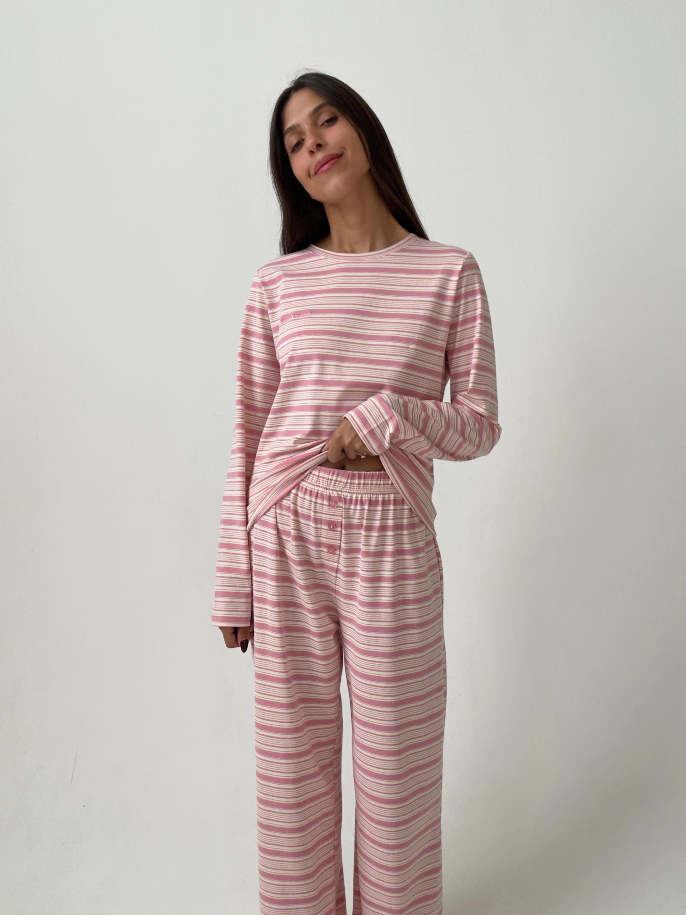 פיג׳מת ג׳סי כותנה פסים ורוד רקמת לוגו
