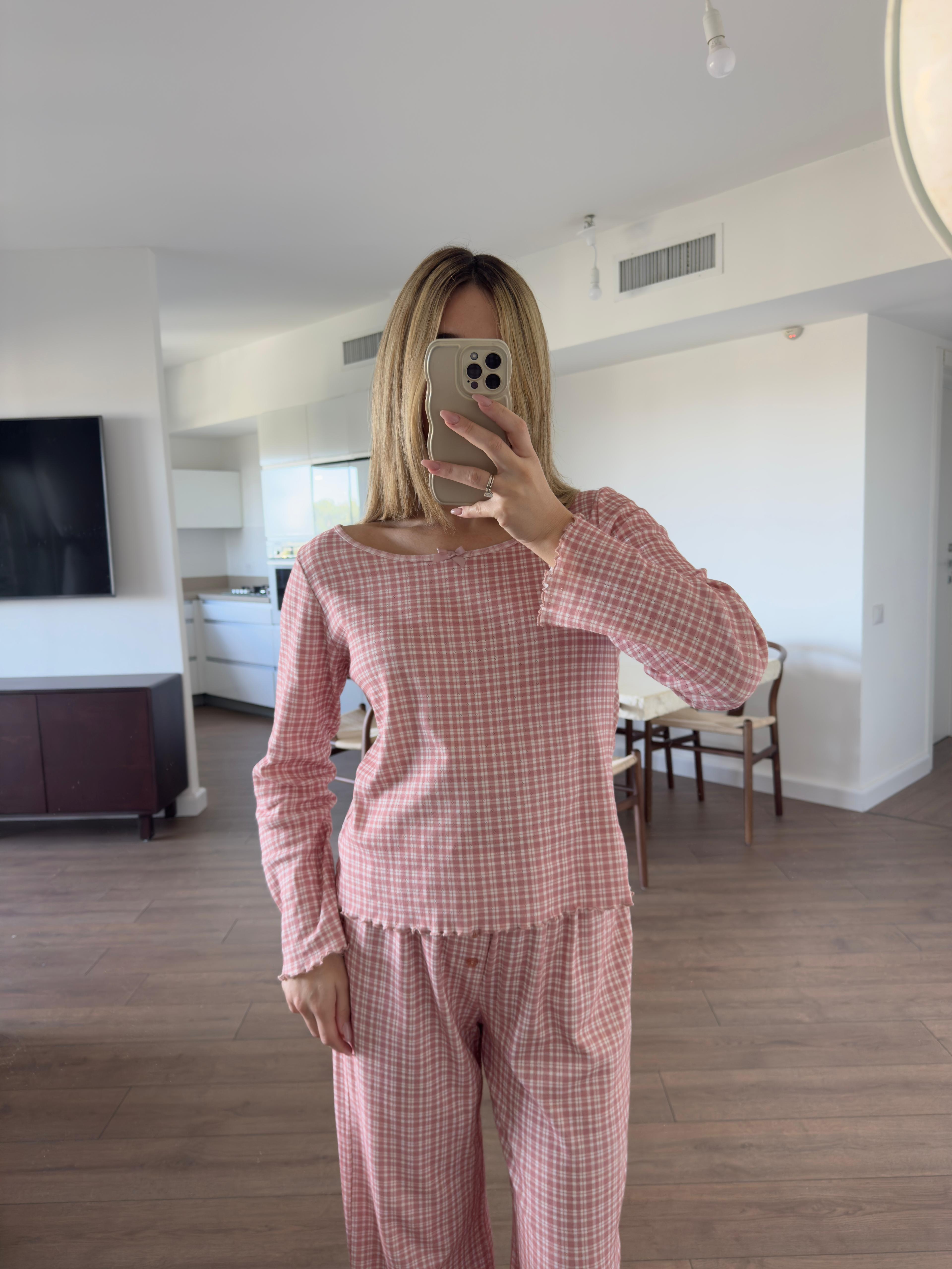 פיג׳מת לילה פוינטל פרינט משבצות ורוד פופיון